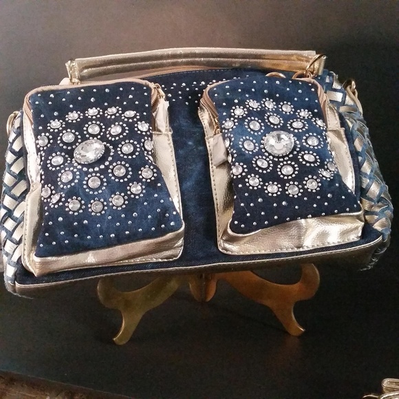 ☆Last One☆ Bling Denim/Gold Faux Lthr Bag NWT - Picture 2 of 7